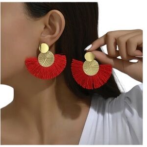 Red and Gold Fan Fringe Drop Style Earrings